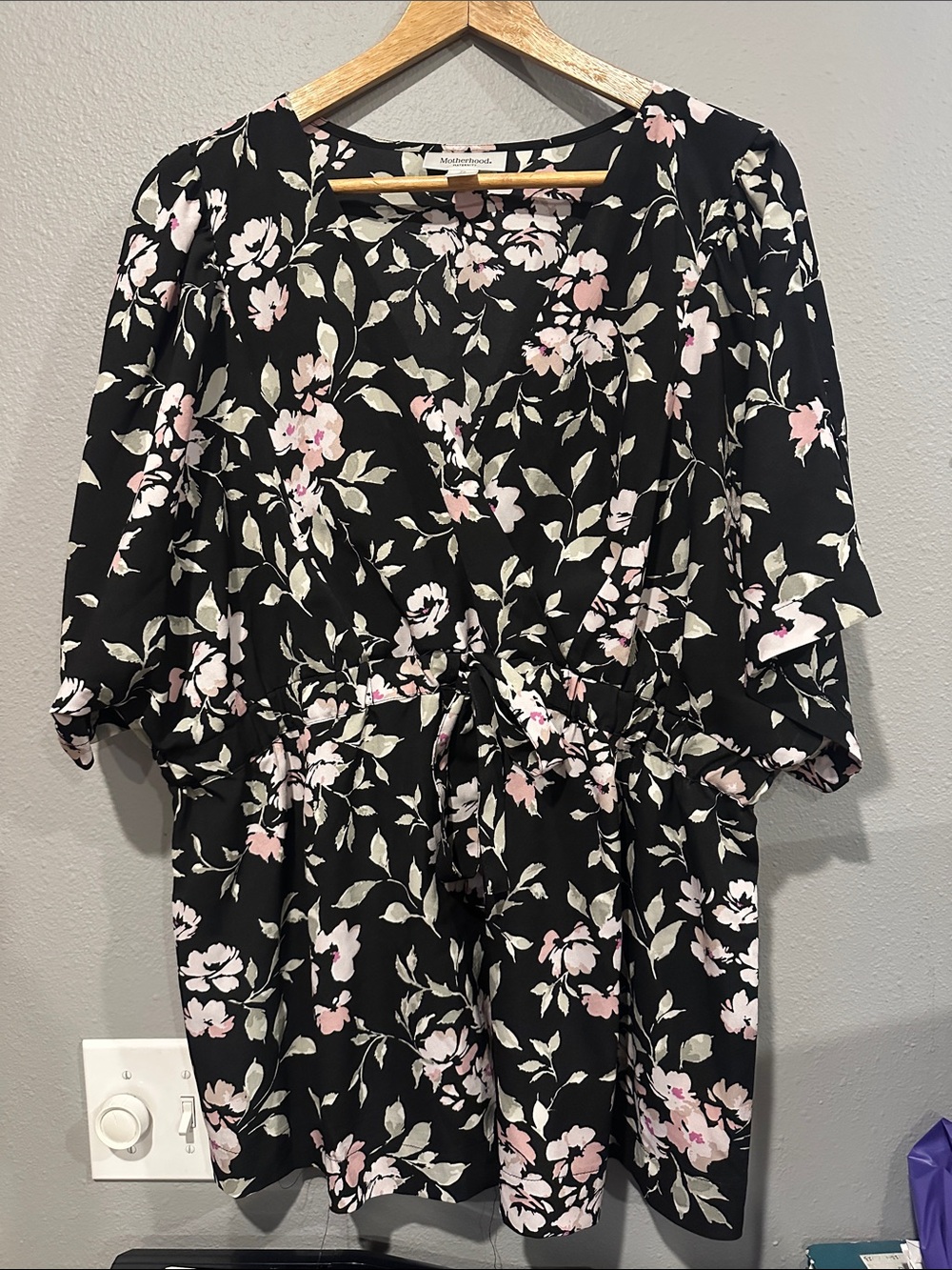 Motherhood Maternity Black Floral Tie-Front Top with Pink and Cream Blossoms